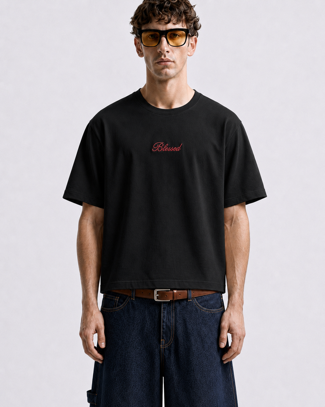 Blessed black boxy tee with embroidered chest logo