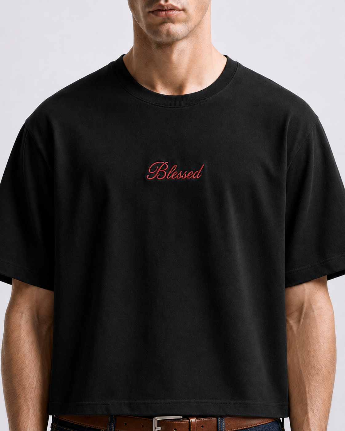 Blessed black boxy tee with embroidered chest logo